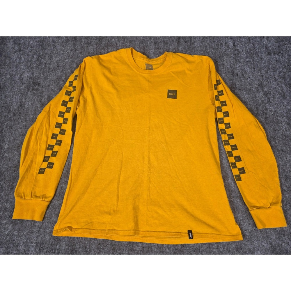 Mens L Shirt Yellow Checkerboard Sleeve Graphic Skate Tee Long Sleeve HUF